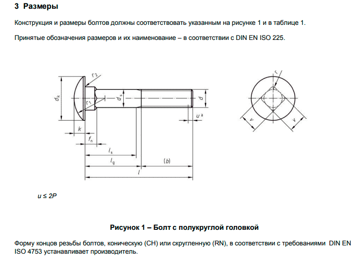 Конструкция и схема болтов с полукруглой головкой